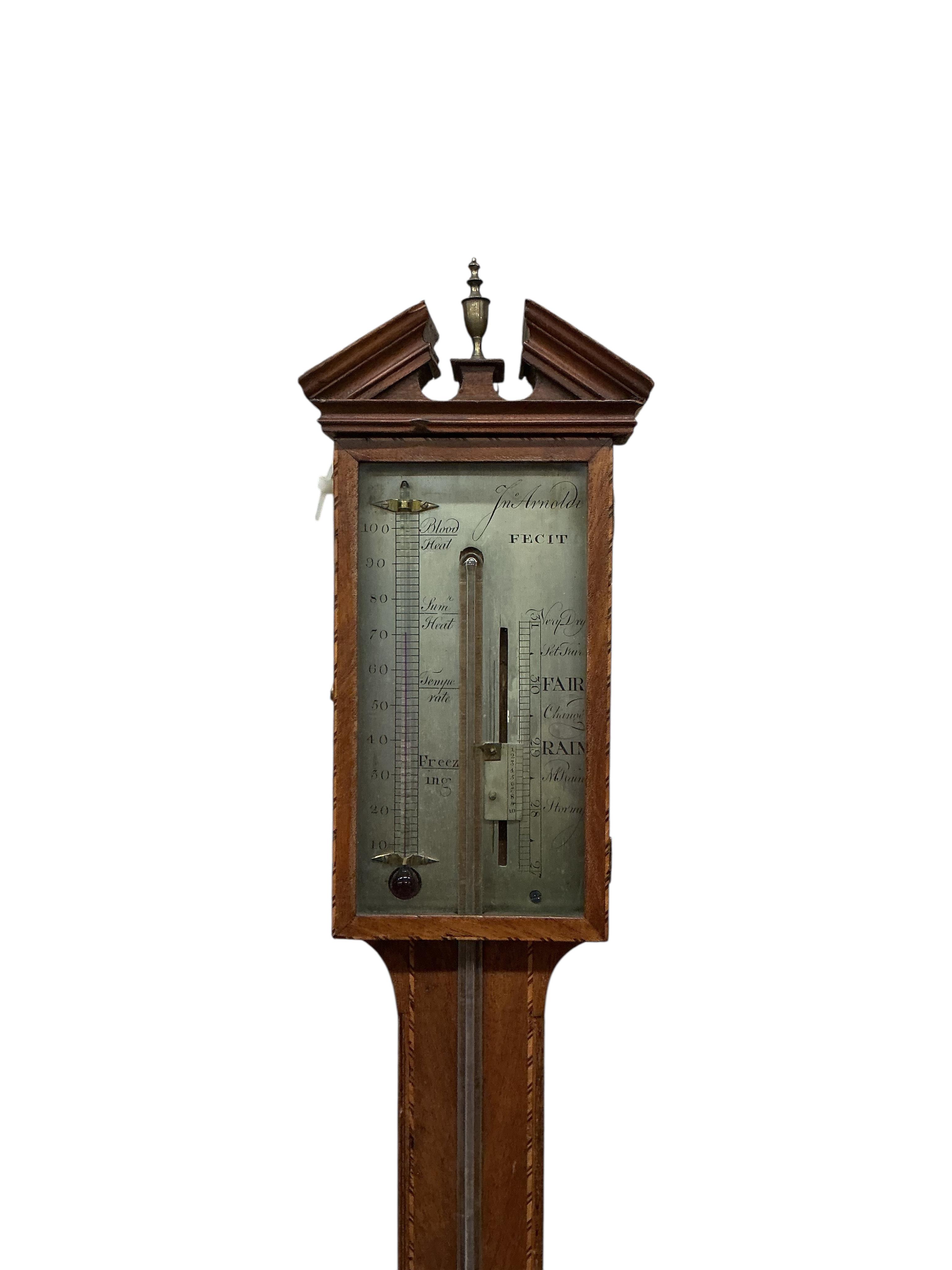 A 19th century inlaid mahogany stick barometer, silvered dial marked J Arnoldi, height 99cm